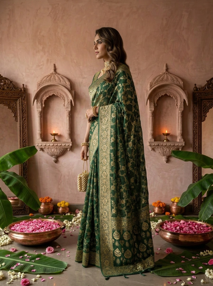 Bottle Green Banaras Floral Design Weaved Saree