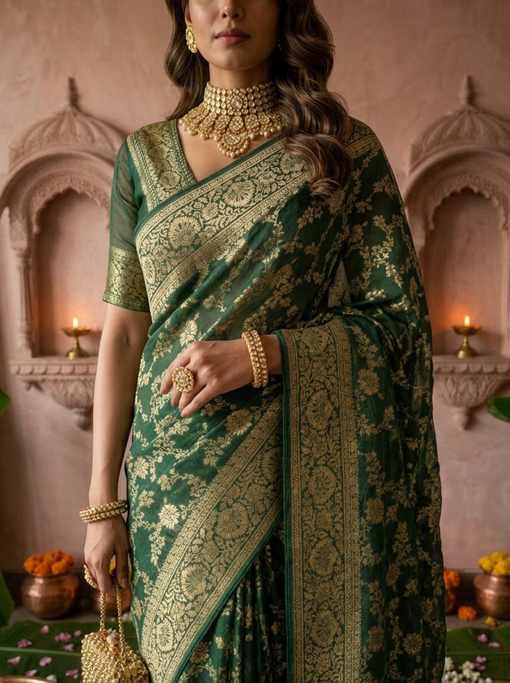 Bottle Green Banaras Floral Design Weaved Saree