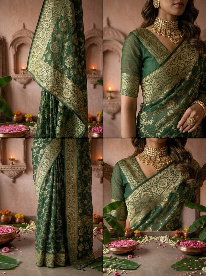 Bottle Green Banaras Floral Design Weaved Saree