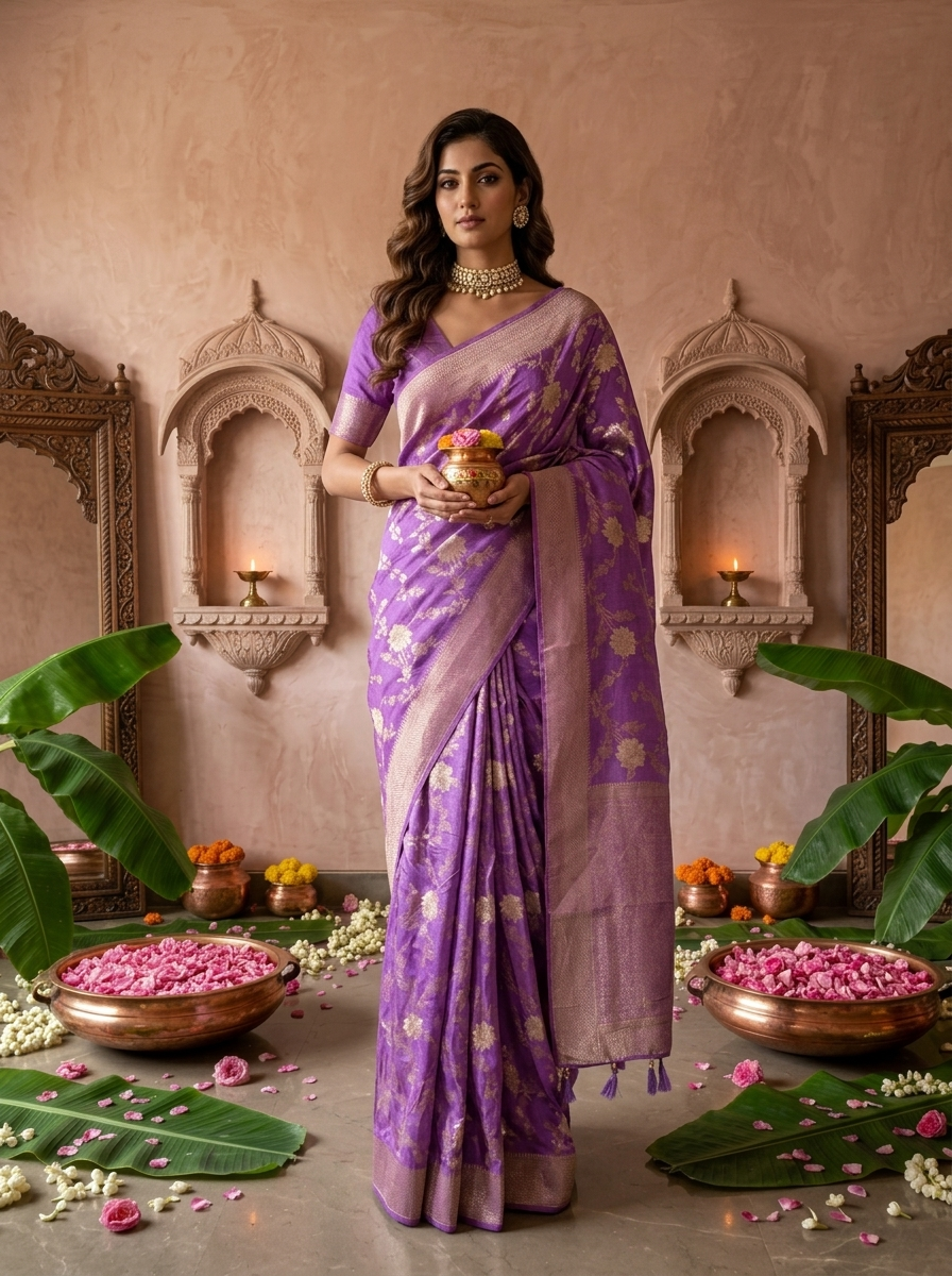 Purple Banaras Floral Weaved Saree