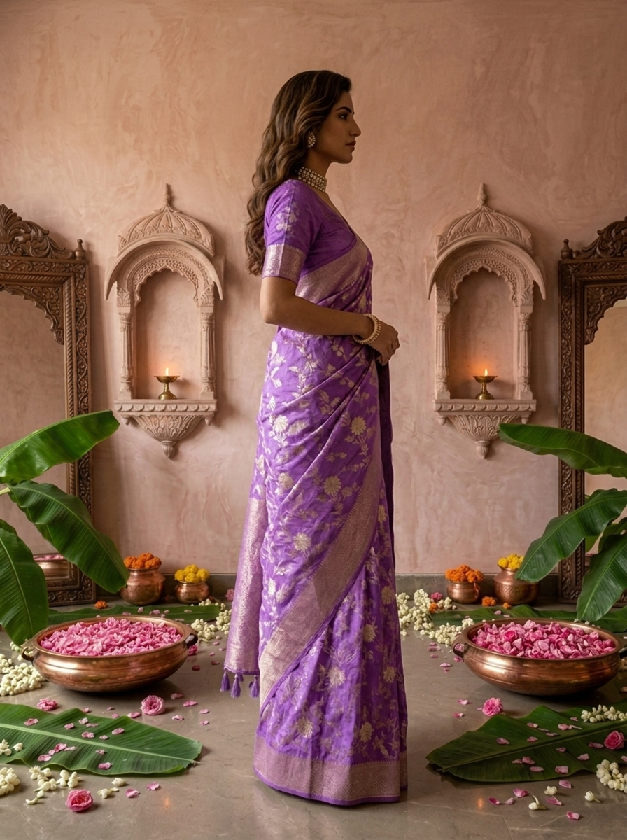 Purple Banaras Floral Weaved Saree