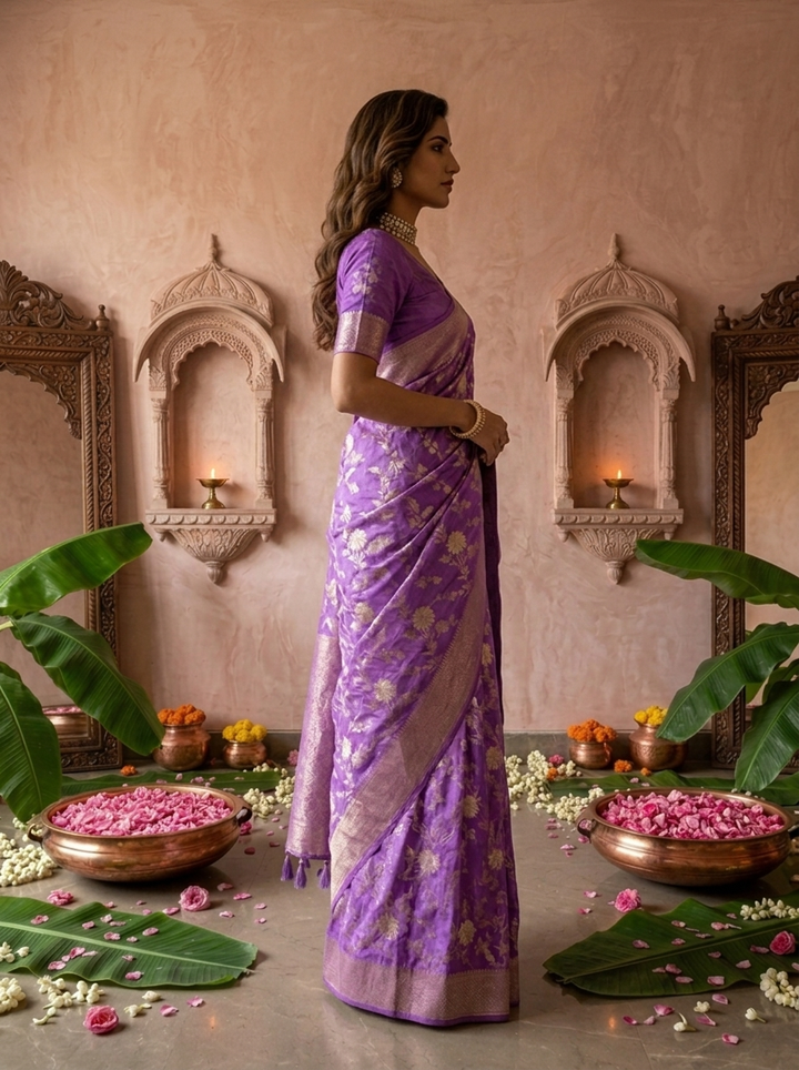 Purple Banaras Floral Weaved Saree