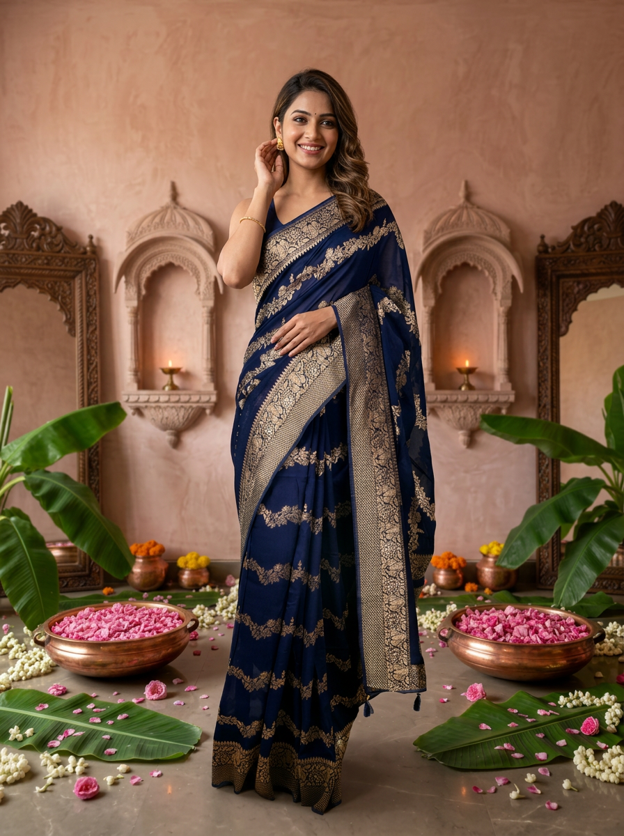 Navy Blue Banaras Weaved Saree