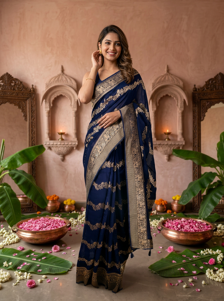 Navy Blue Banaras Weaved Saree