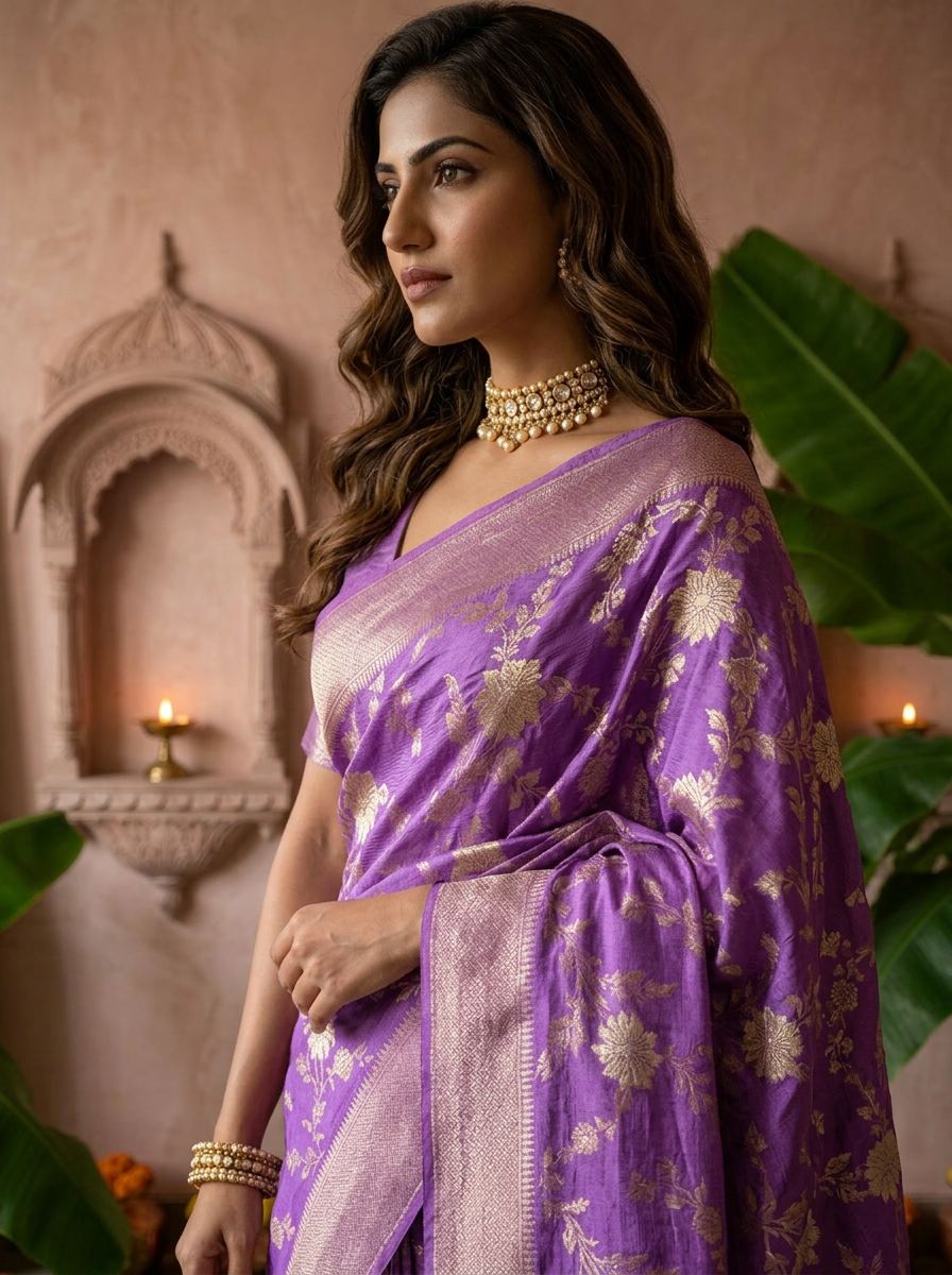 Purple Banaras Floral Weaved Saree