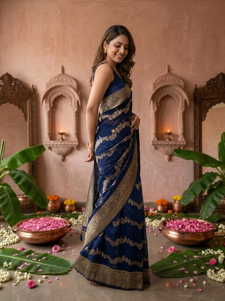 Navy Blue Banaras Weaved Saree