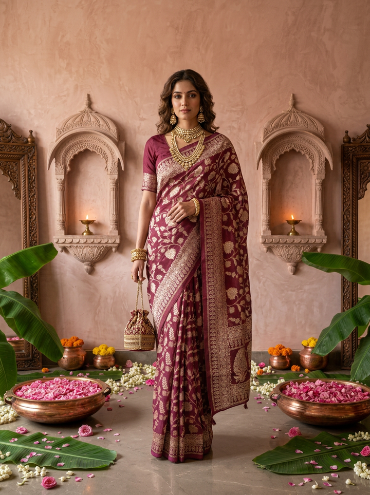 Wine Banaras Weaved Saree With Floral Design
