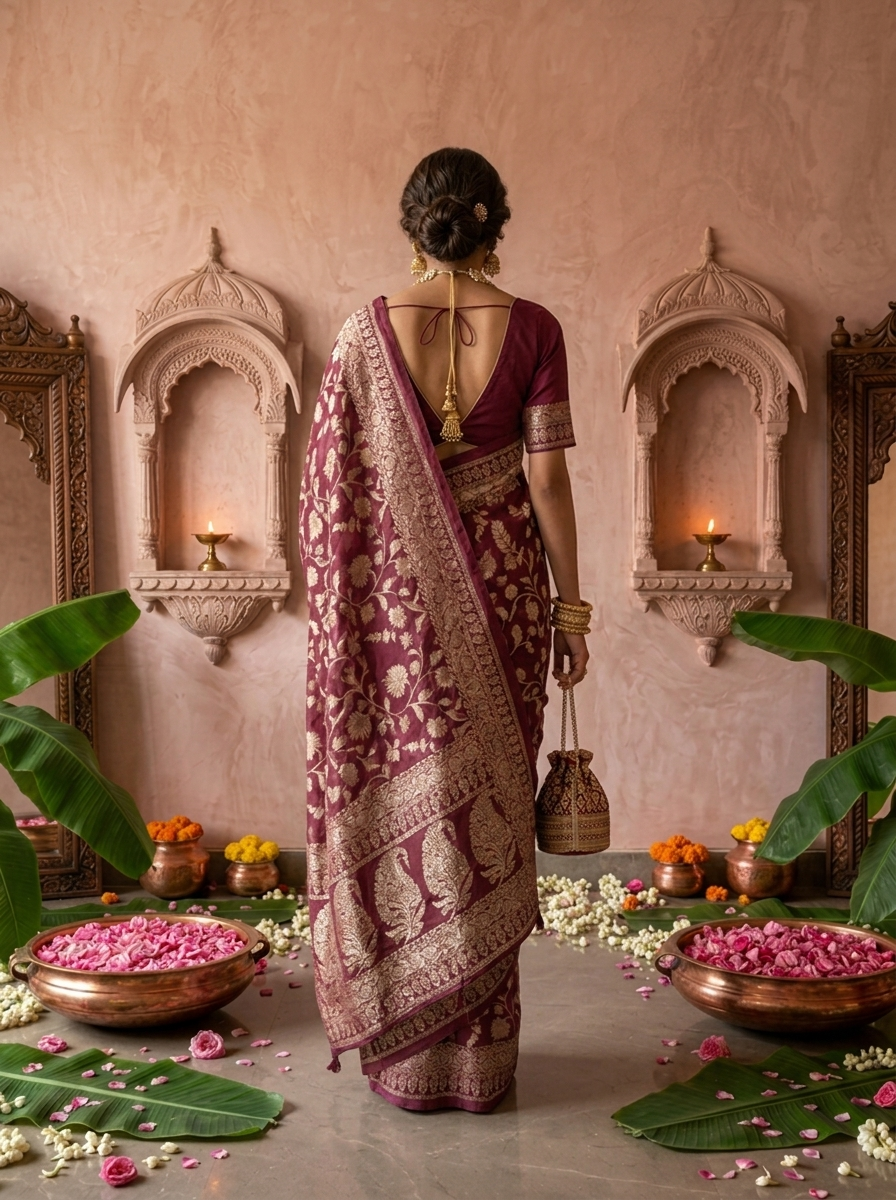 Wine Banaras Weaved Saree With Floral Design