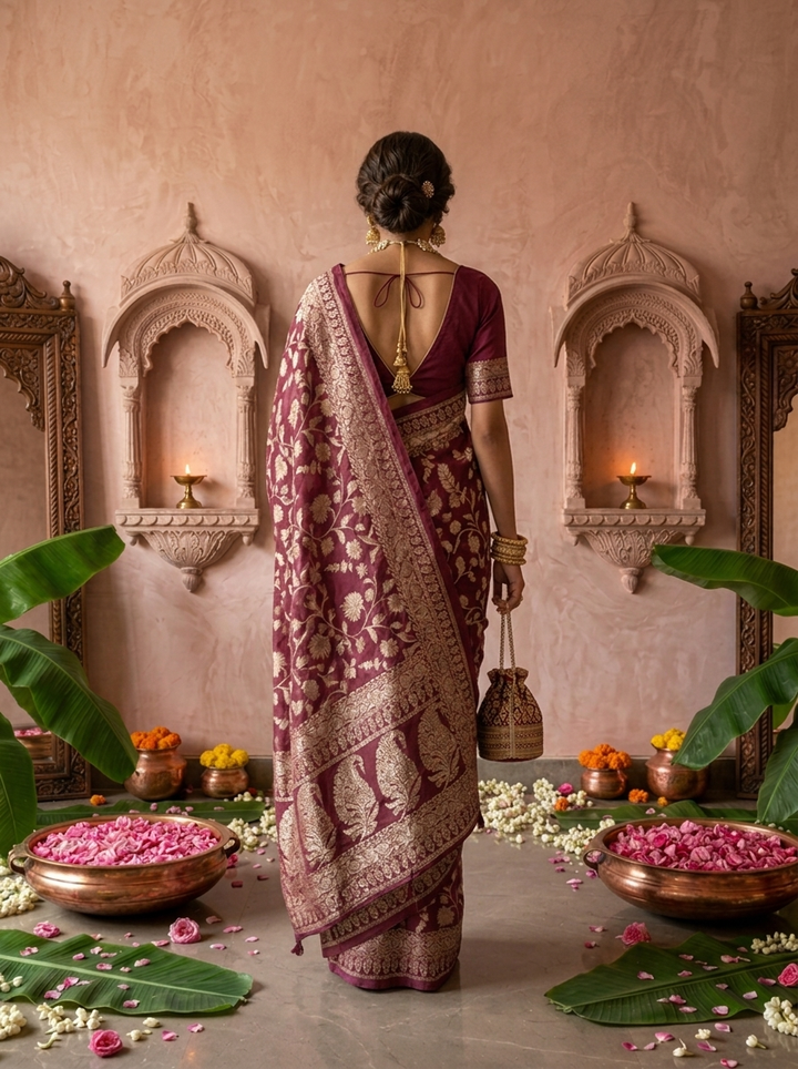Wine Banaras Weaved Saree With Floral Design