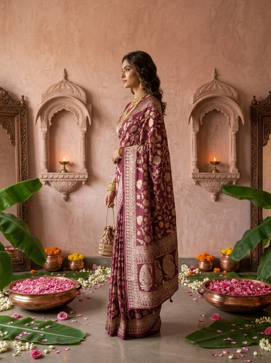 Wine Banaras Weaved Saree With Floral Design