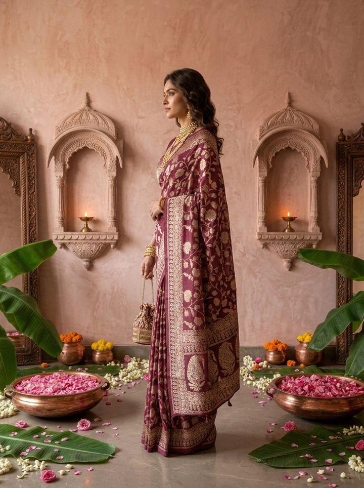 Wine Banaras Weaved Saree With Floral Design