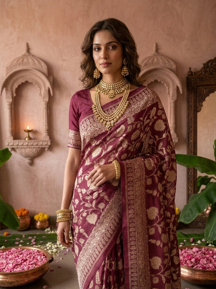 Wine Banaras Weaved Saree With Floral Design