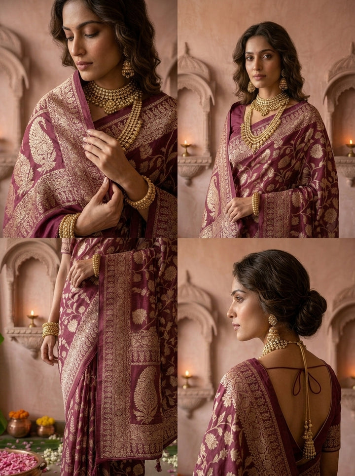 Wine Banaras Weaved Saree With Floral Design