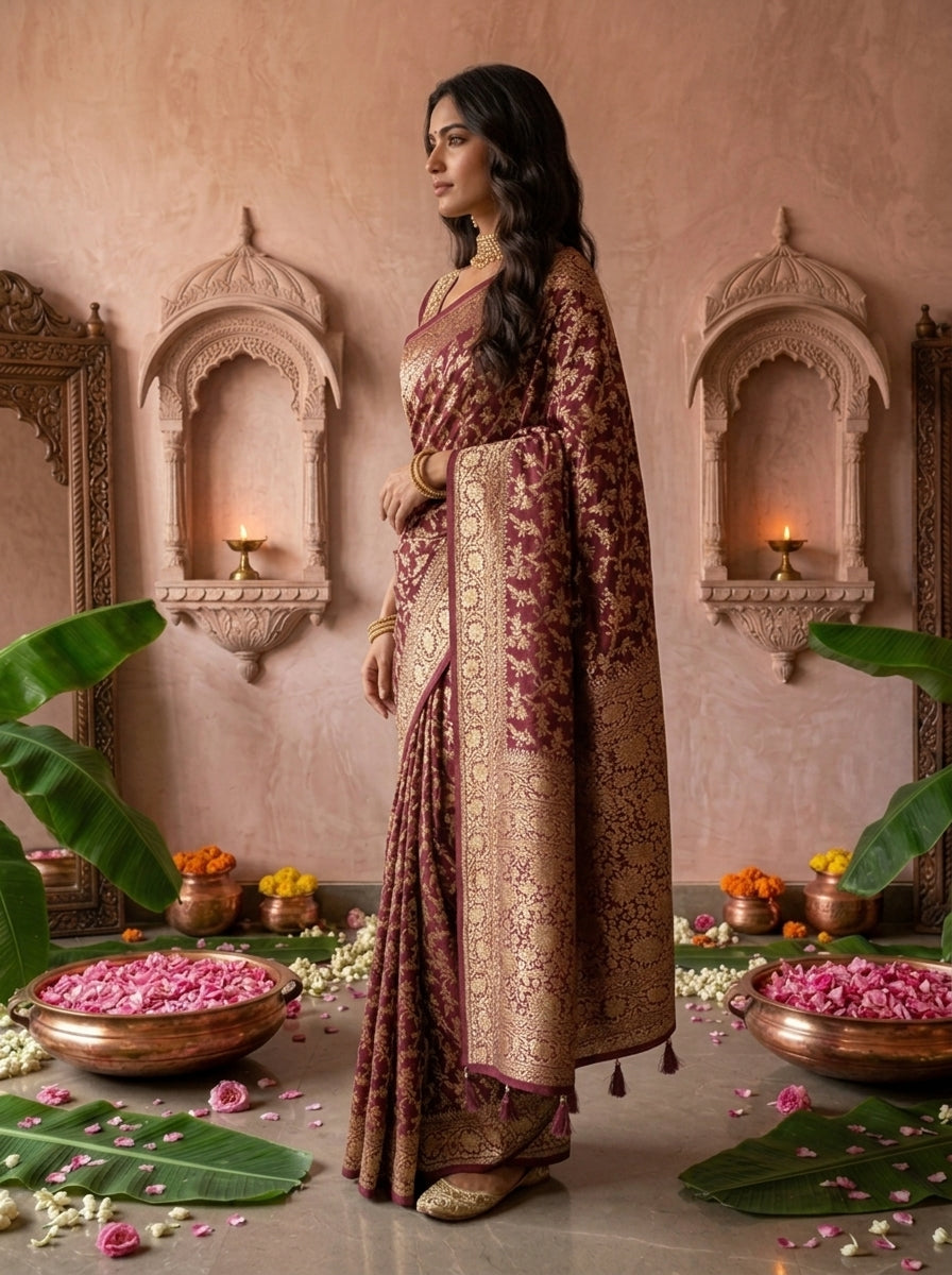 Wine Banaras Saree With Heavy Floral Design
