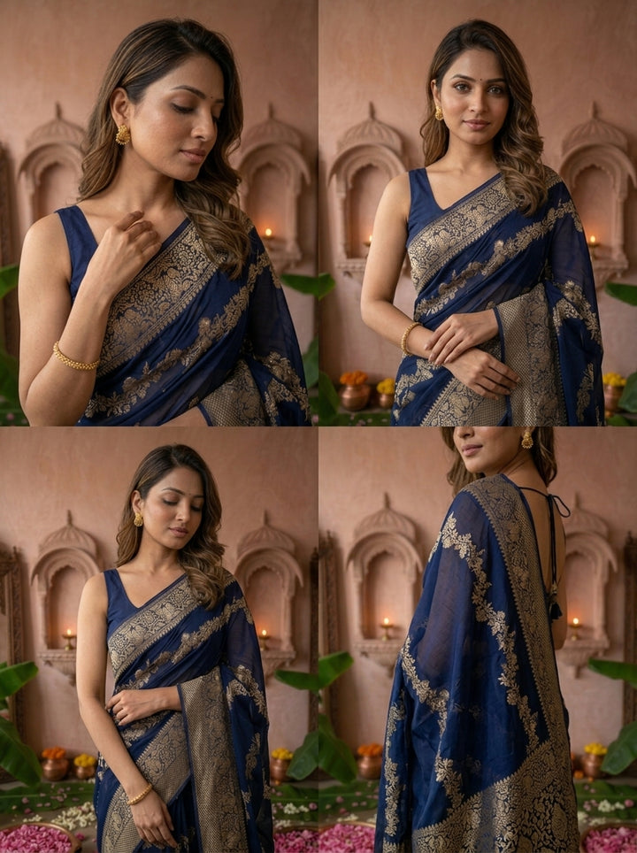 Navy Blue Banaras Weaved Saree