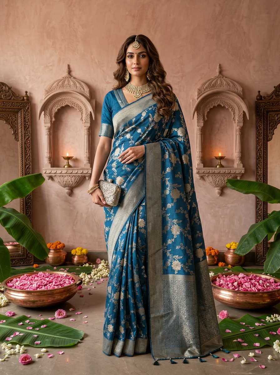 Peacock Banaras Floral Weaved Saree