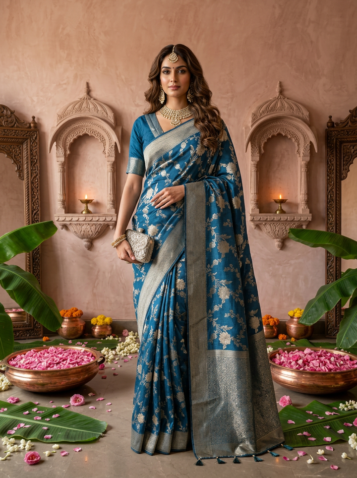 Peacock Banaras Floral Weaved Saree