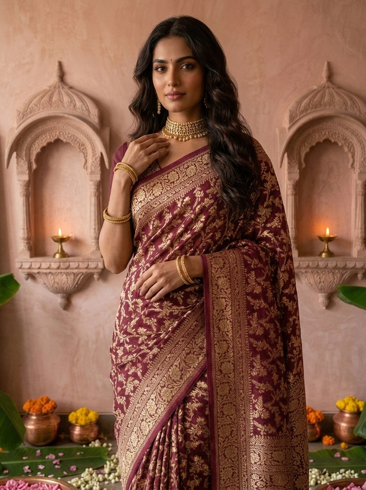 Wine Banaras Saree With Heavy Floral Design