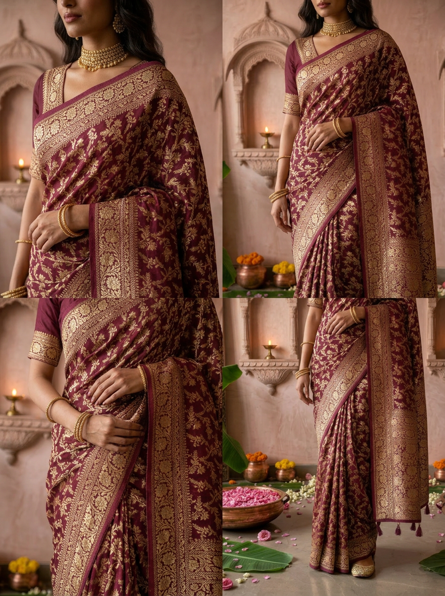 Wine Banaras Saree With Heavy Floral Design
