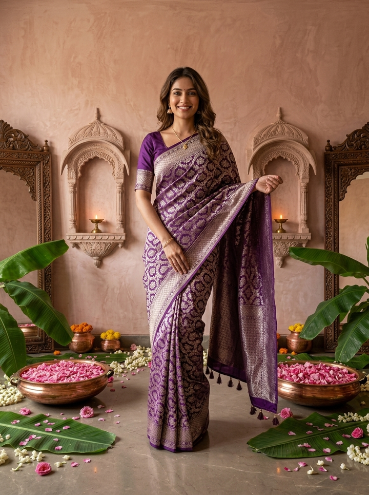 Purple Banaras Weaved Saree With Heavy Floral Design
