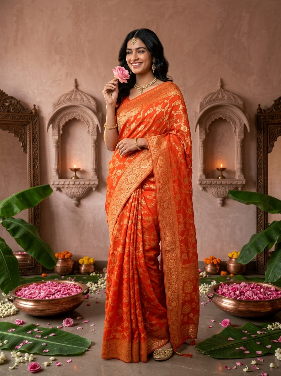 Orange Banaras Floral Design Weaved Saree