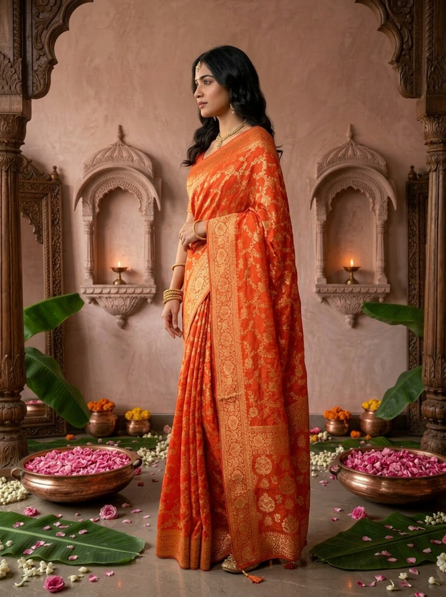 Orange Banaras Floral Design Weaved Saree