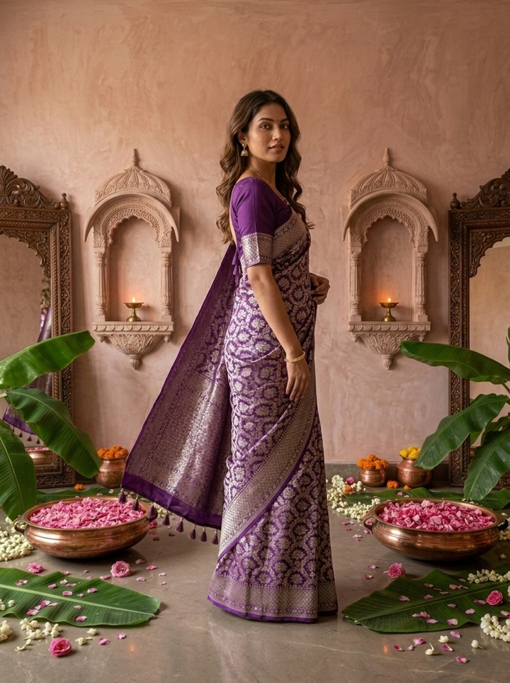 Purple Banaras Weaved Saree With Heavy Floral Design