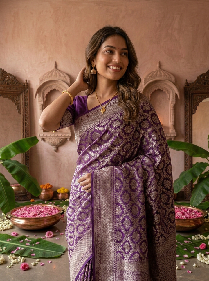 Purple Banaras Weaved Saree With Heavy Floral Design