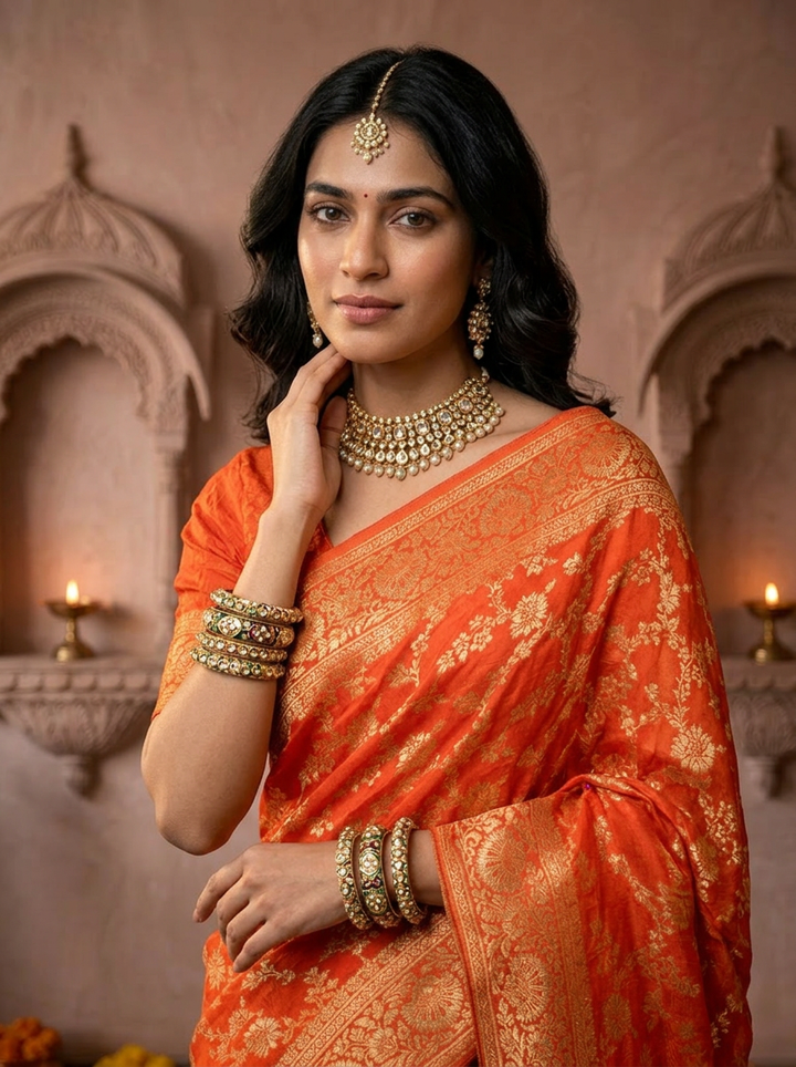 Orange Banaras Floral Design Weaved Saree