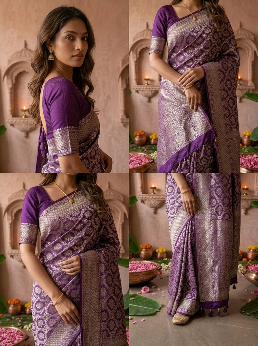 Purple Banaras Weaved Saree With Heavy Floral Design