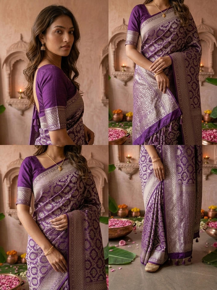 Purple Banaras Weaved Saree With Heavy Floral Design