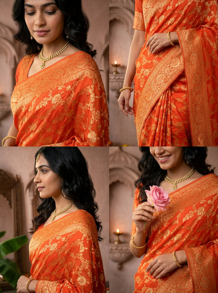 Orange Banaras Floral Design Weaved Saree