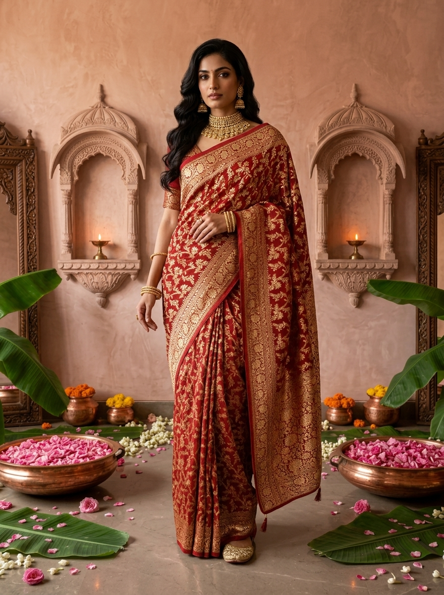 Maroon Banaras Saree With Heavy Floral Design