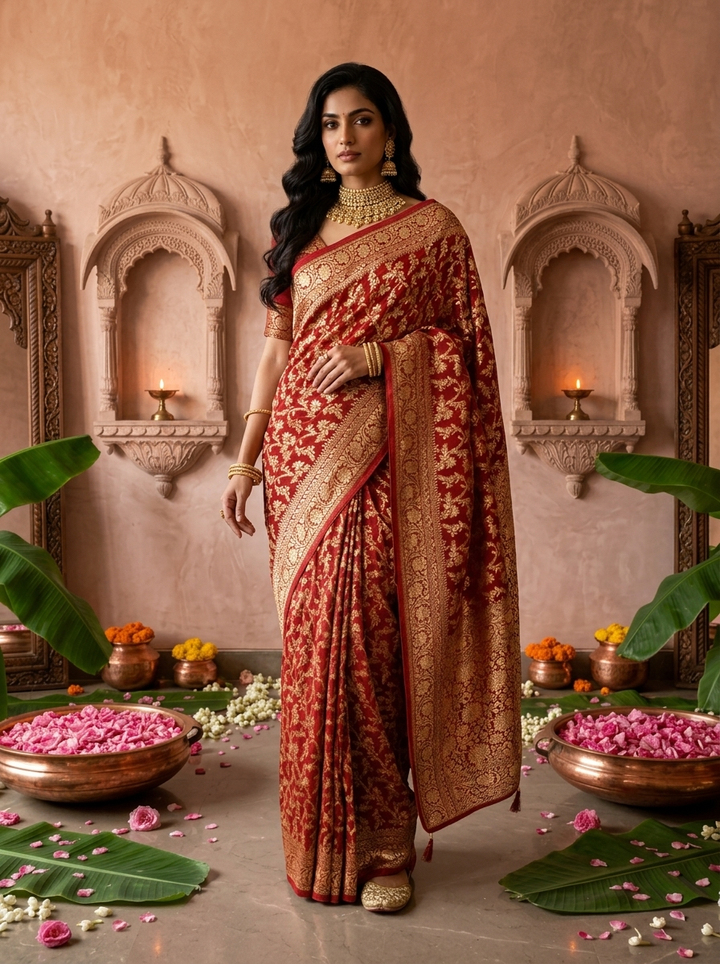 Maroon Banaras Saree With Heavy Floral Design