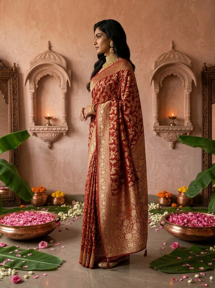 Maroon Banaras Saree With Heavy Floral Design
