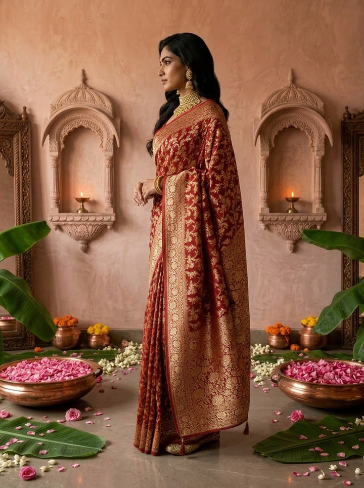 Maroon Banaras Saree With Heavy Floral Design