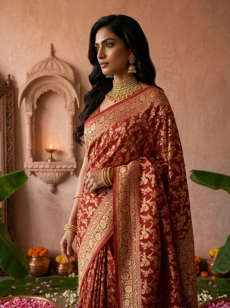 Maroon Banaras Saree With Heavy Floral Design