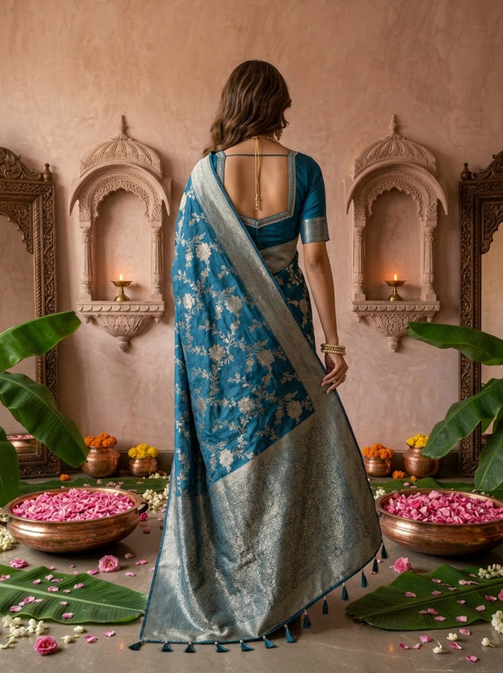 Peacock Banaras Floral Weaved Saree