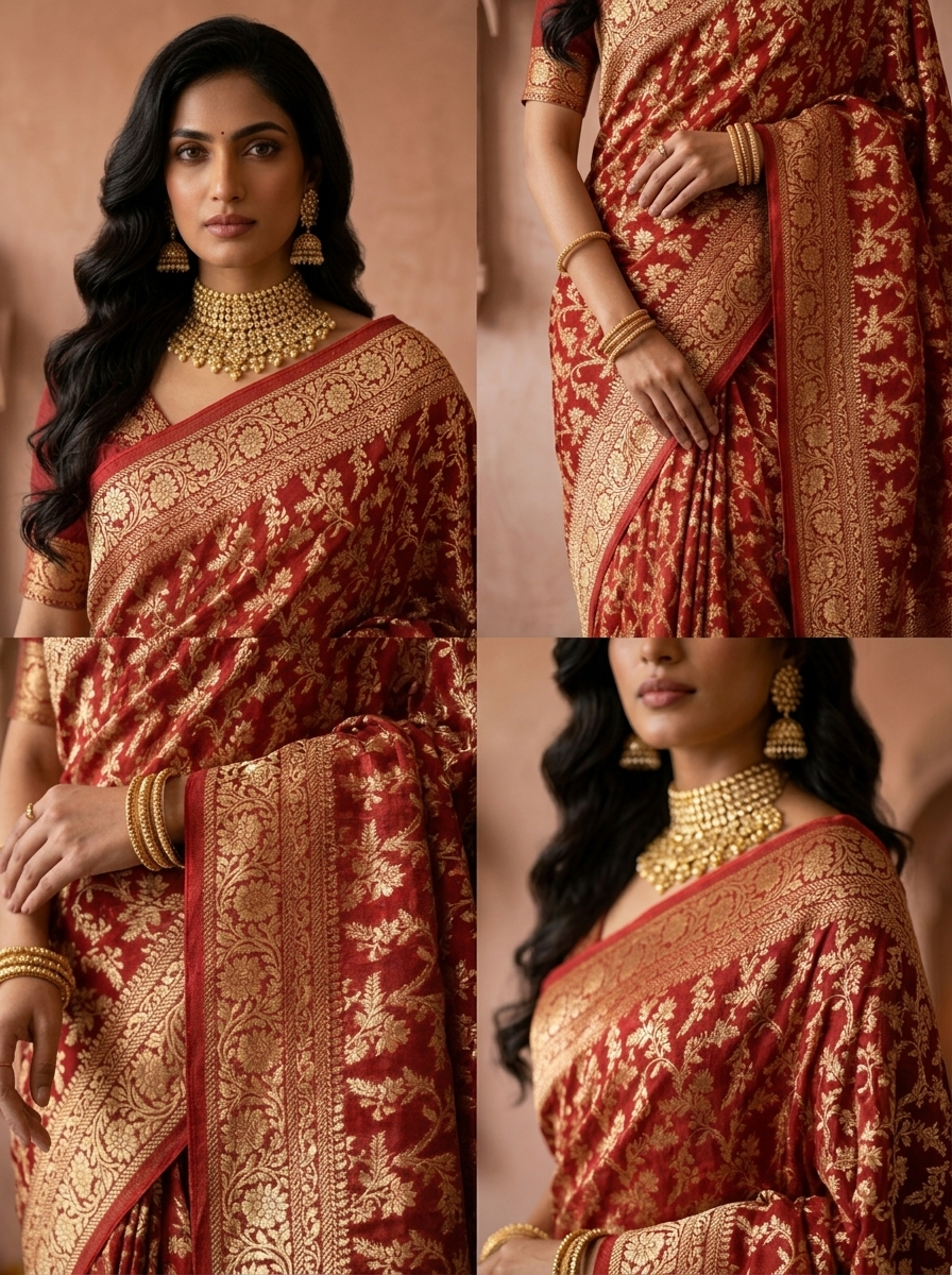 Maroon Banaras Saree With Heavy Floral Design