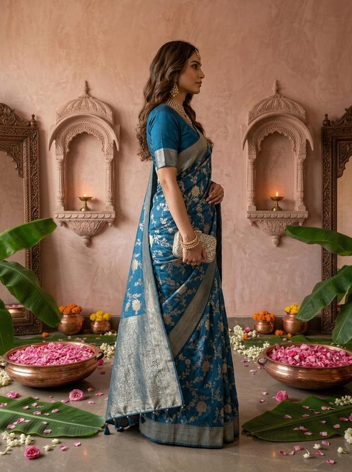 Peacock Banaras Floral Weaved Saree