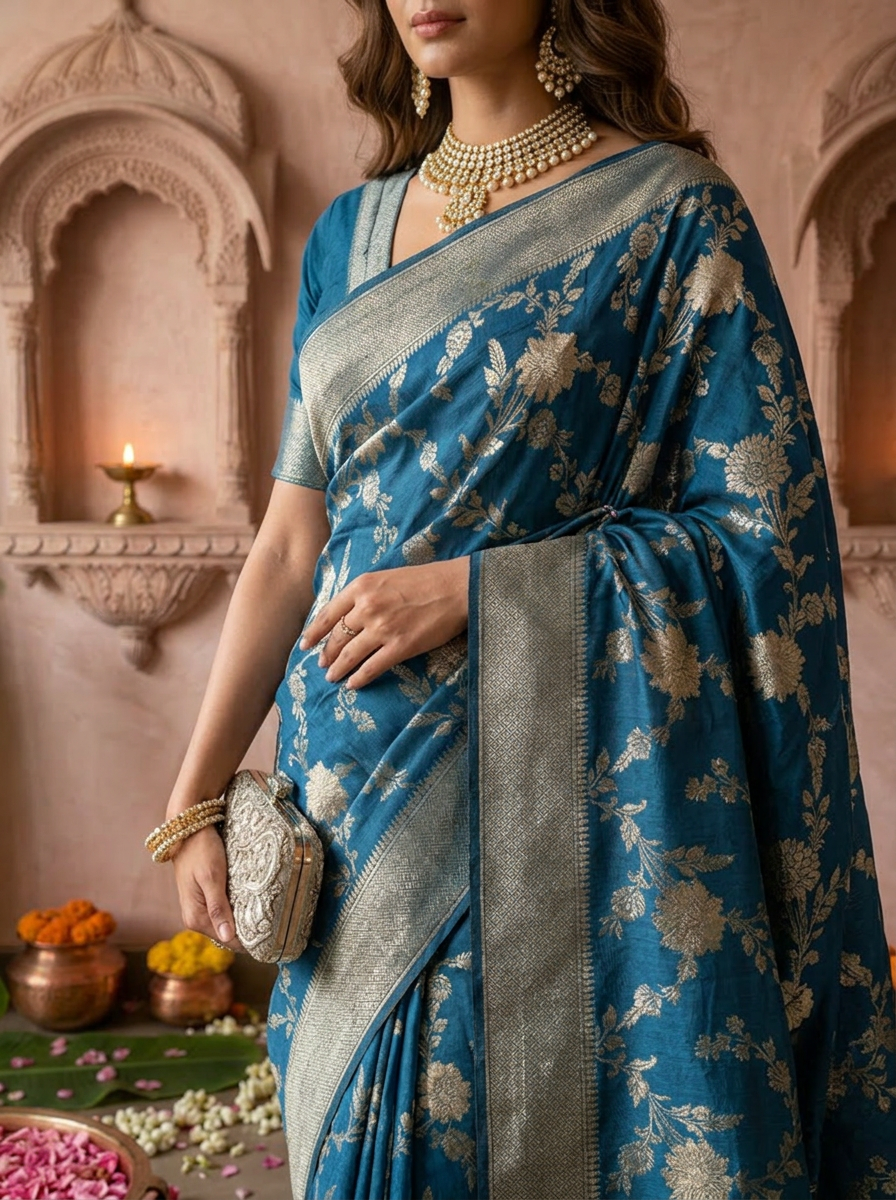 Peacock Banaras Floral Weaved Saree