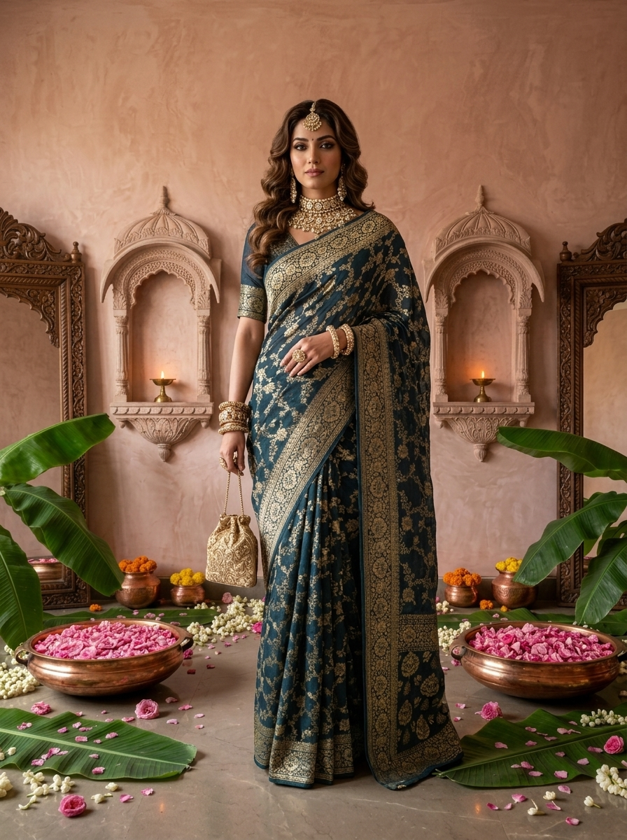Peacock Banaras Floral Design Weaved Saree