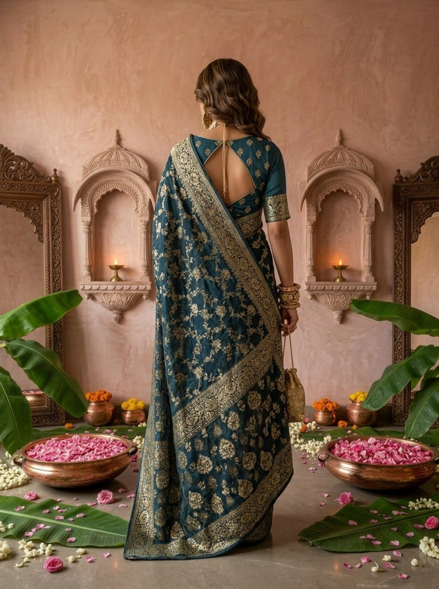Peacock Banaras Floral Design Weaved Saree