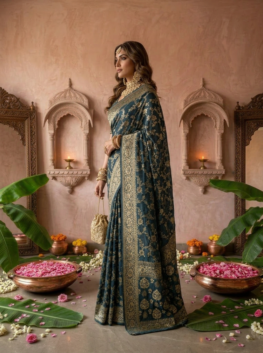 Peacock Banaras Floral Design Weaved Saree