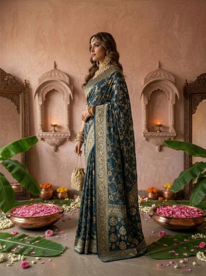 Peacock Banaras Floral Design Weaved Saree