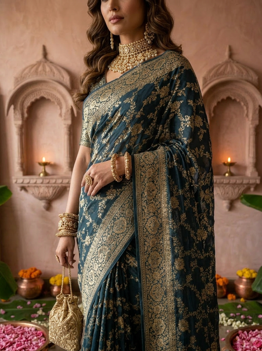Peacock Banaras Floral Design Weaved Saree