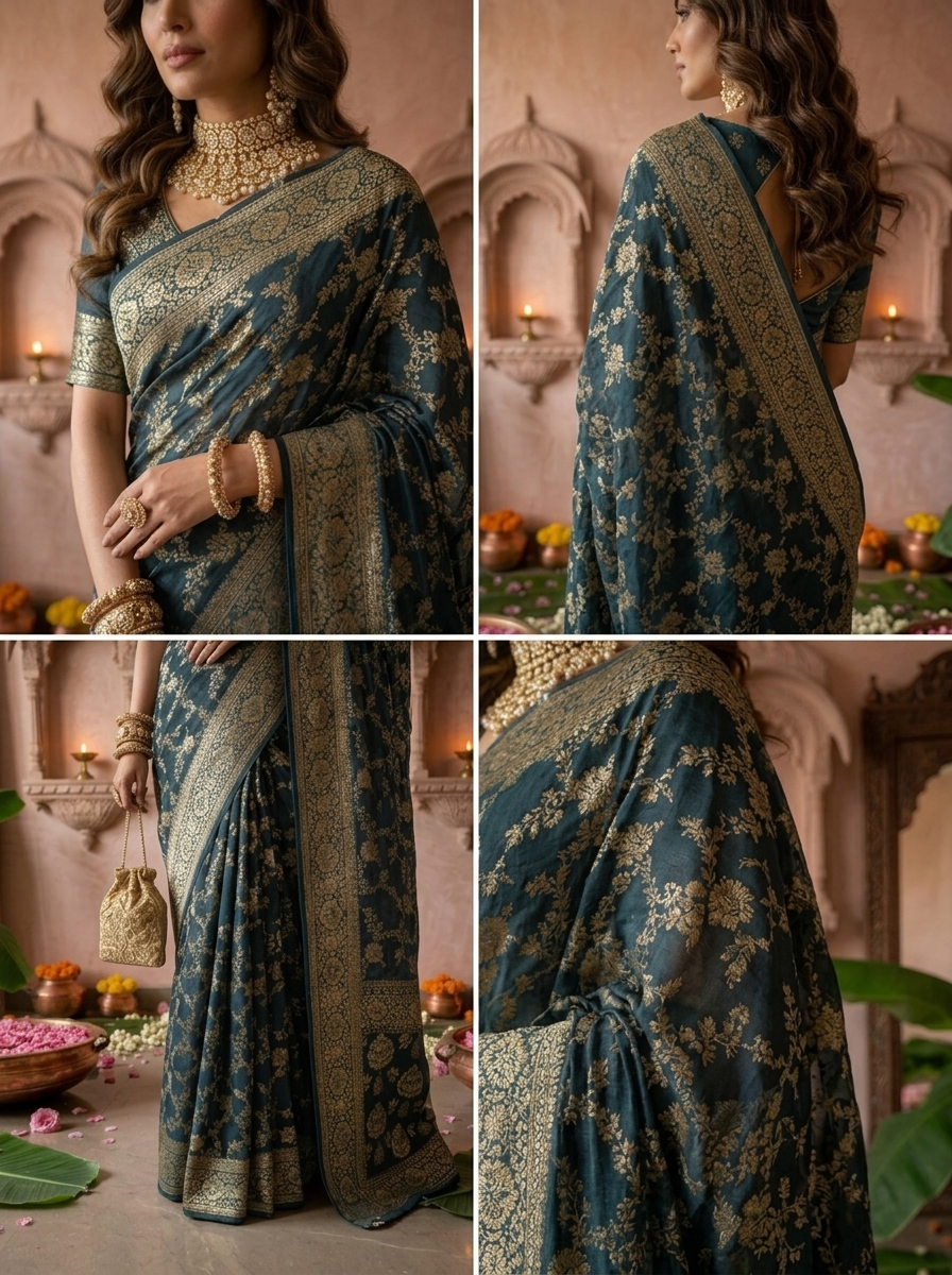 Peacock Banaras Floral Design Weaved Saree