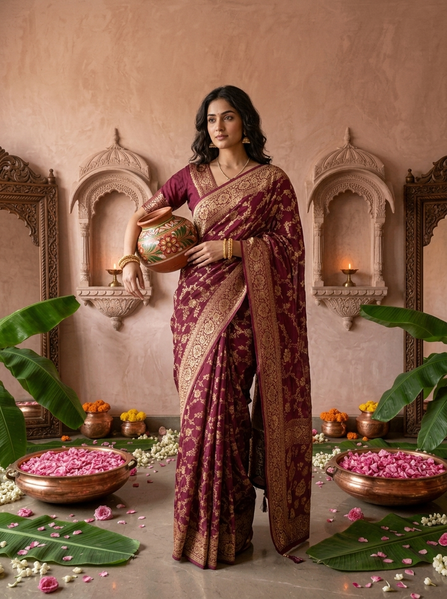 Wine Banaras Floral Design Weaved Saree