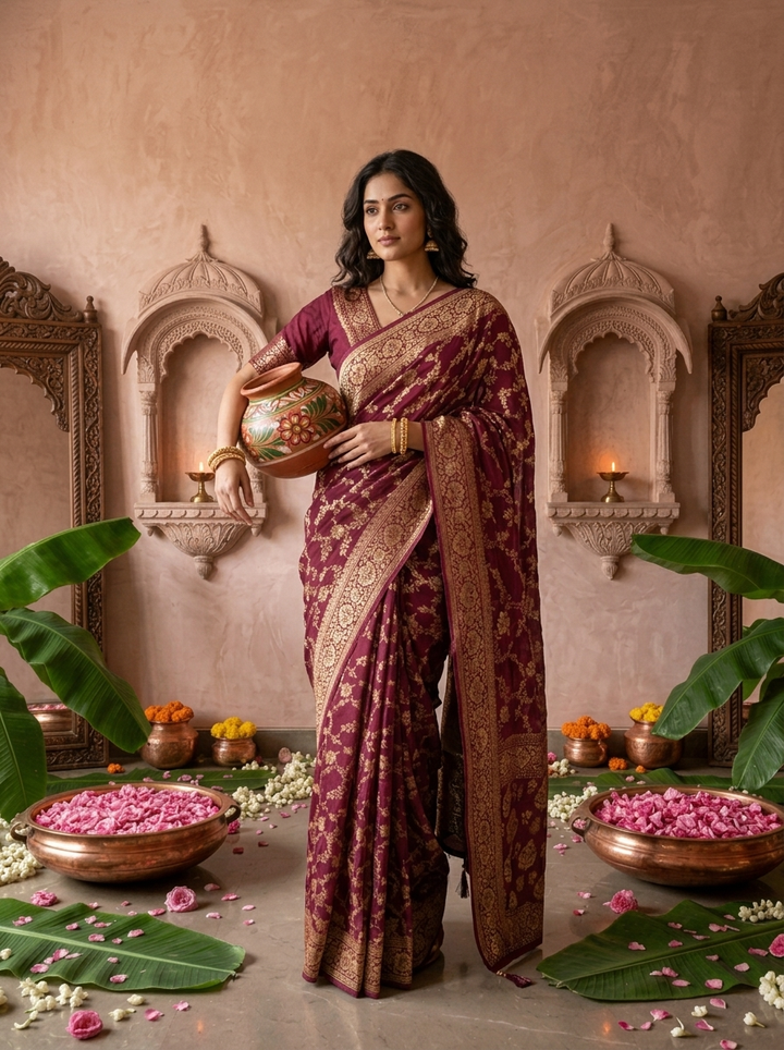 Wine Banaras Floral Design Weaved Saree