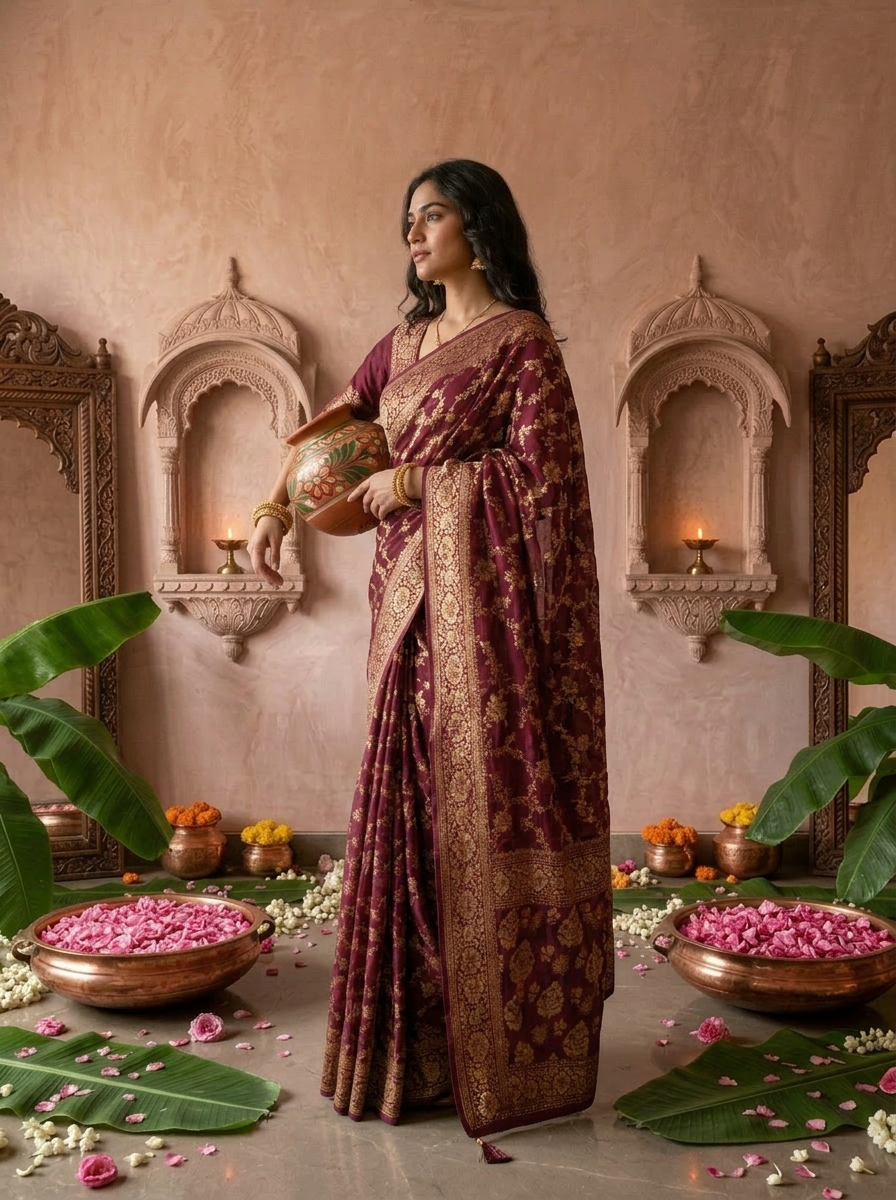 Wine Banaras Floral Design Weaved Saree
